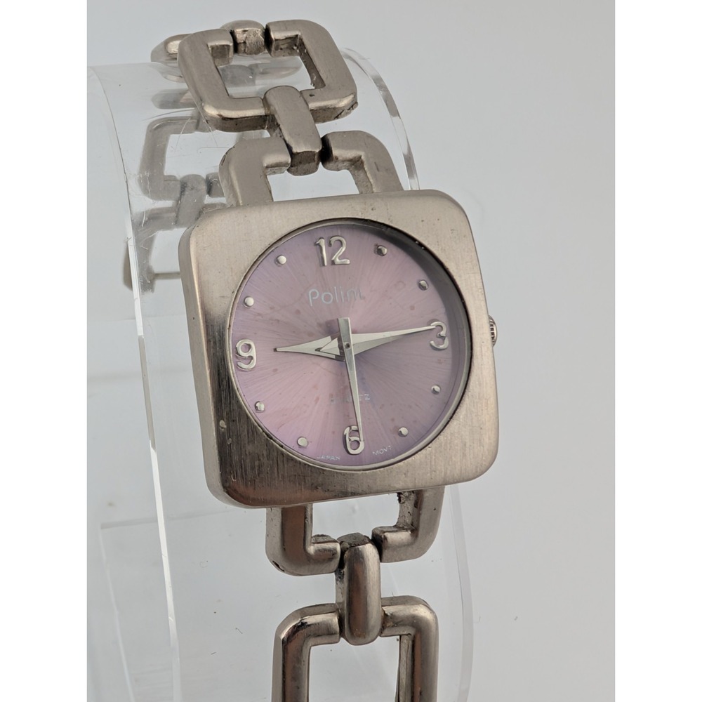 Polini Watch Women 23mm Silver Case Pink‎ Dial 6.5" Band- New Battery